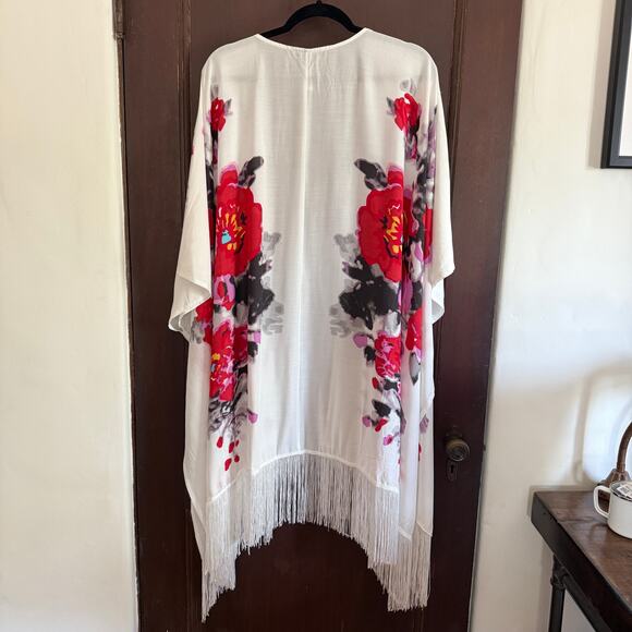 CURATIONS | Black Red and White Fringe Trimmed Kimono Swim cover up | 2x - 3X - Picture 2 of 6